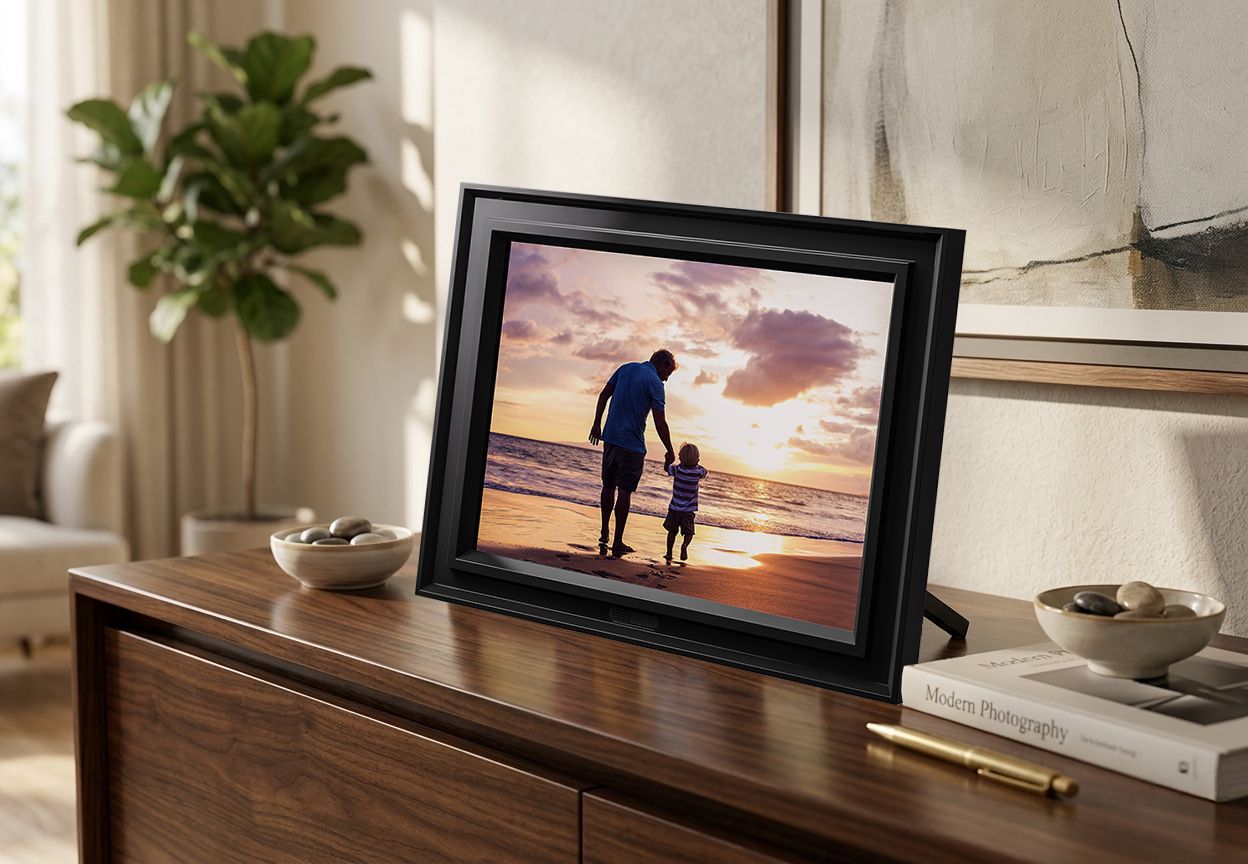 Pix-Star digital photo frame on a sideboard